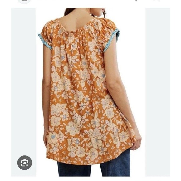 Free People Frankie Floral Peasant Tie Neckline Tunic Top XS New Boho Cotton - Picture 10 of 15